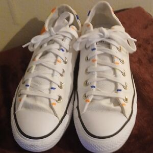 Converse Women’s White Canvas Sneakers with Blue & Orange Stitch Accents